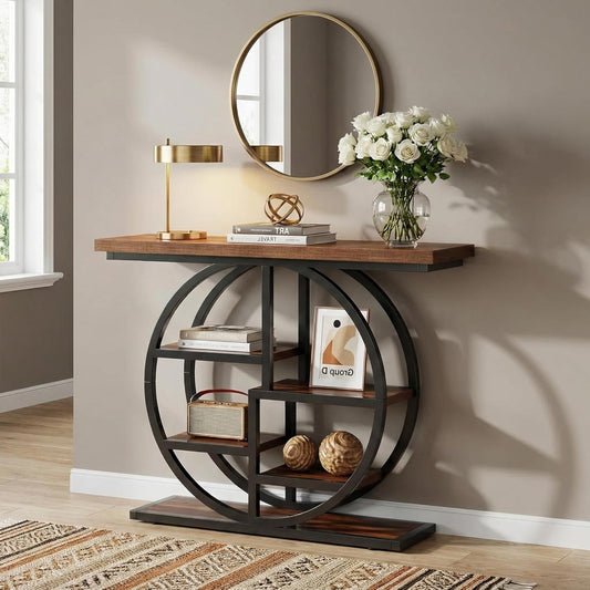 Halfronde Sidetable – Industrieel Dressoir – Consoletafel Hout – Haltafel Smal – Sofa Tafel – 105 cm Breed – Verstelbare Pootjes & Metalen Frame - QUORE