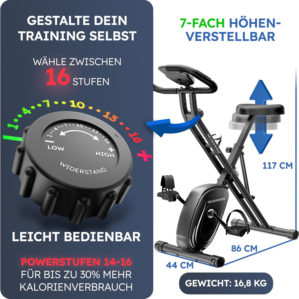 HELDENWERK FlexiFoam Hometrainer, inklapbaar, extra comfortabel en stil, tot 150 kg belastbaar, ergometer, hometrainer, ergometer, hometrainer, senioren, fitnessbikes, home trainer