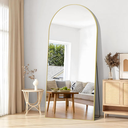 Weare Home Boogvormige staande spiegel, 192 x 85 cm, grote staande spiegel met aluminium frame, om op te hangen of te staan, staande spiegel voor woonkamer, slaapkamer (goud)