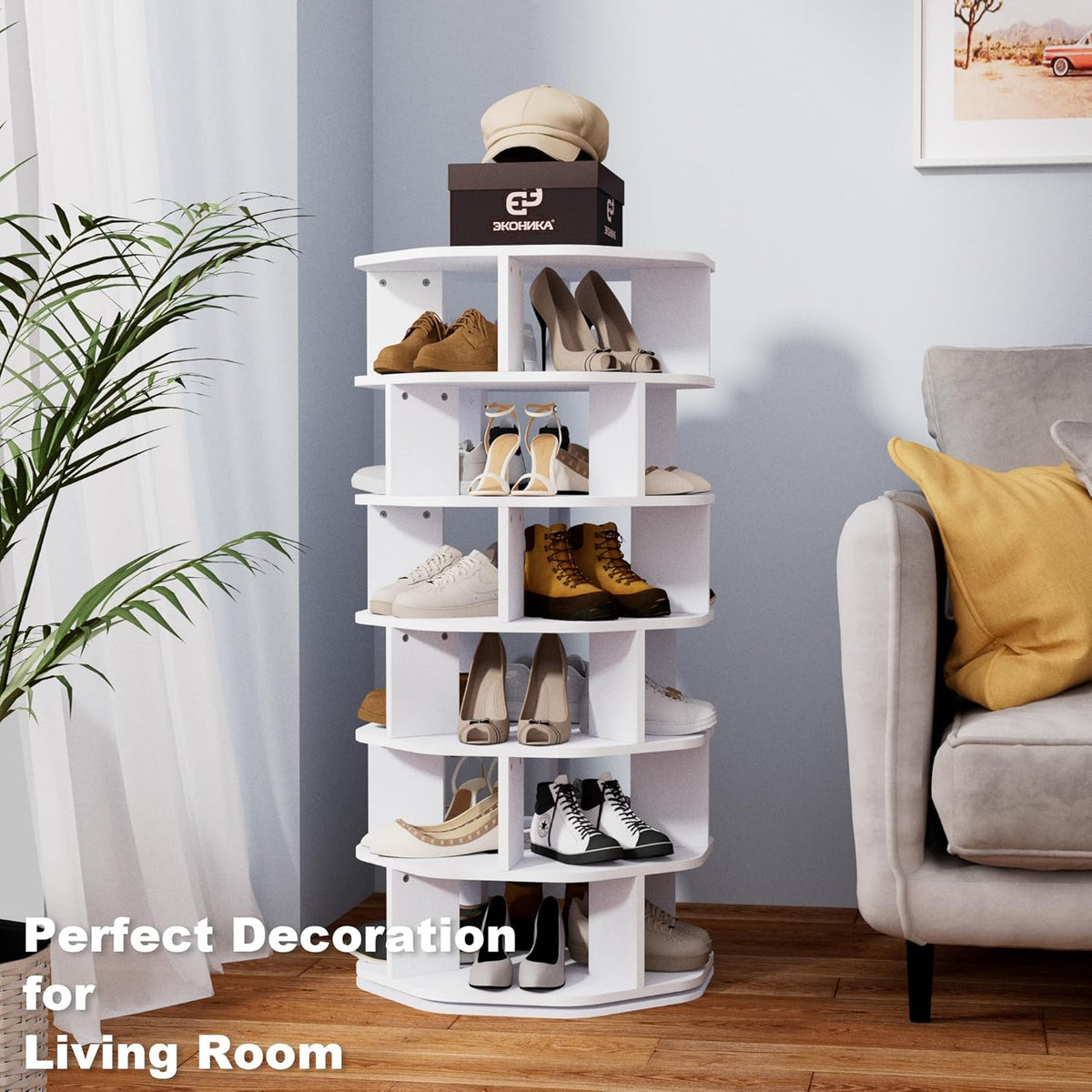 uyoyous Lazy Susan 6-Tier Rotating Shoe Cabinet, 360° Rotating Shoe Rack with 6 Levels, Modern Octagonal Design Shoe Case for Living Room, Bedroom, Entrance - QUORE