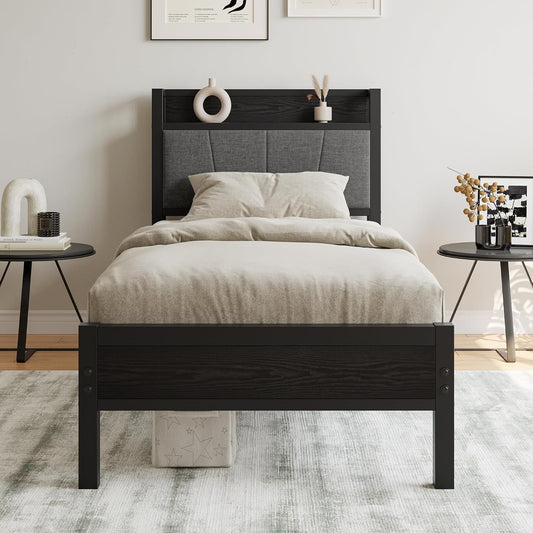 91 cm eenpersoonsbedframe met opberghoofdeinde, zwaar metalen gestoffeerd platformbedframe, matrasstichting/sterke stalen lattenondersteuning/opslag onder bed/eenvoudige montage/zwart