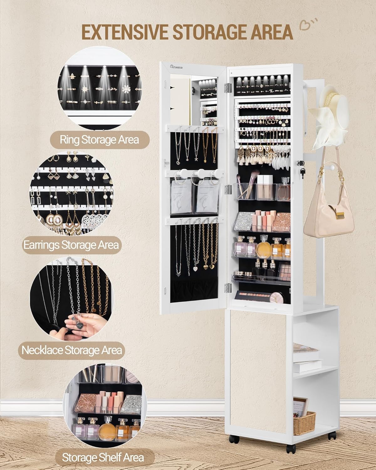 Hzuaneri Jewelry and Wardrobe with 8 LEDs, 165cm Jewelry Storage System with 1 Clothes Rack, Lockable Full Length Mirror with 4 Wheels, Storage Shelves with Hooks, White and Black JC17003B
