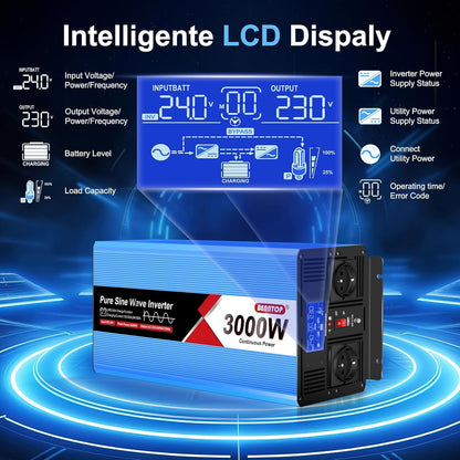 Omvormer, 3000 W, spanningsomvormer, DC 24 V naar AC 230 V, zuivere sinusgolf, met 2 EU AC-aansluitingen, 1 USB-poort, lcd-display, laadstroom 20 A