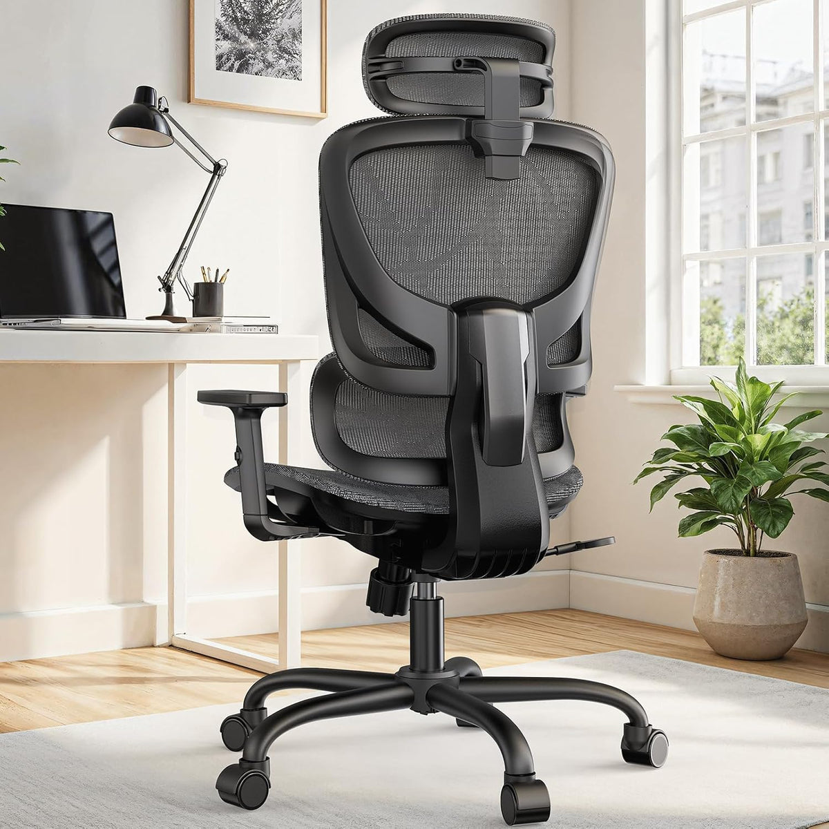 NOBLEWELL Ergonomische bureaustoel met hoge rugleuning, computerstoel van mesh met lendensteun, 3D-armleuning, dubbele rugleuning en verstelbare hoofdsteun