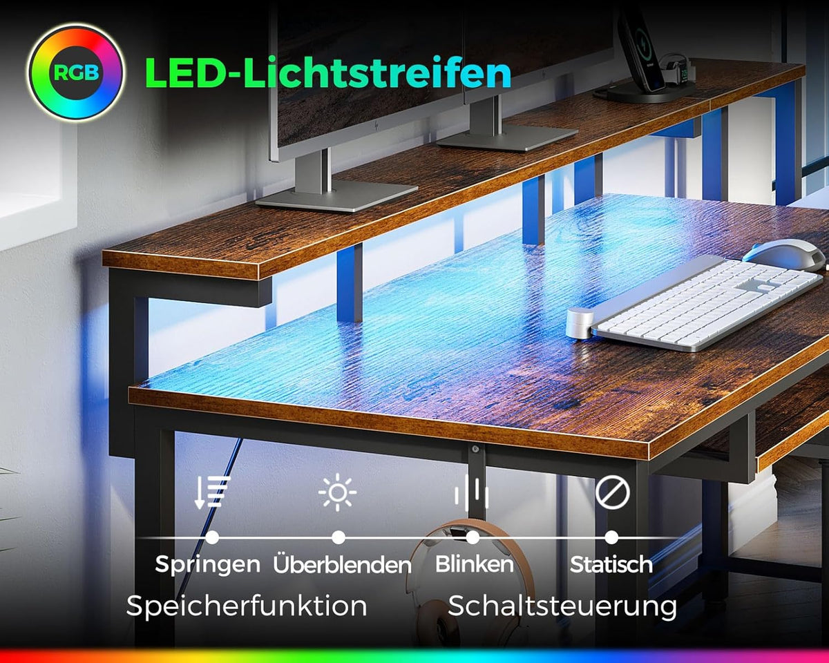 Colsehome Bureau met Laden, 140x48cm Omkeerbaar Computer Bureau met Stopcontact & USB, Gaming Tafel LED Licht, Toetsenbordlade & Monitorstandaard voor Kantoor, Slaapkamer, Bruin