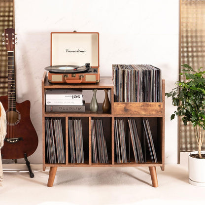 Mid-century Record Player Stand with Vinyl Storage for Up to 350+ Albums, Vinyl Record Cabinet with Adjustable Shelves, Brown