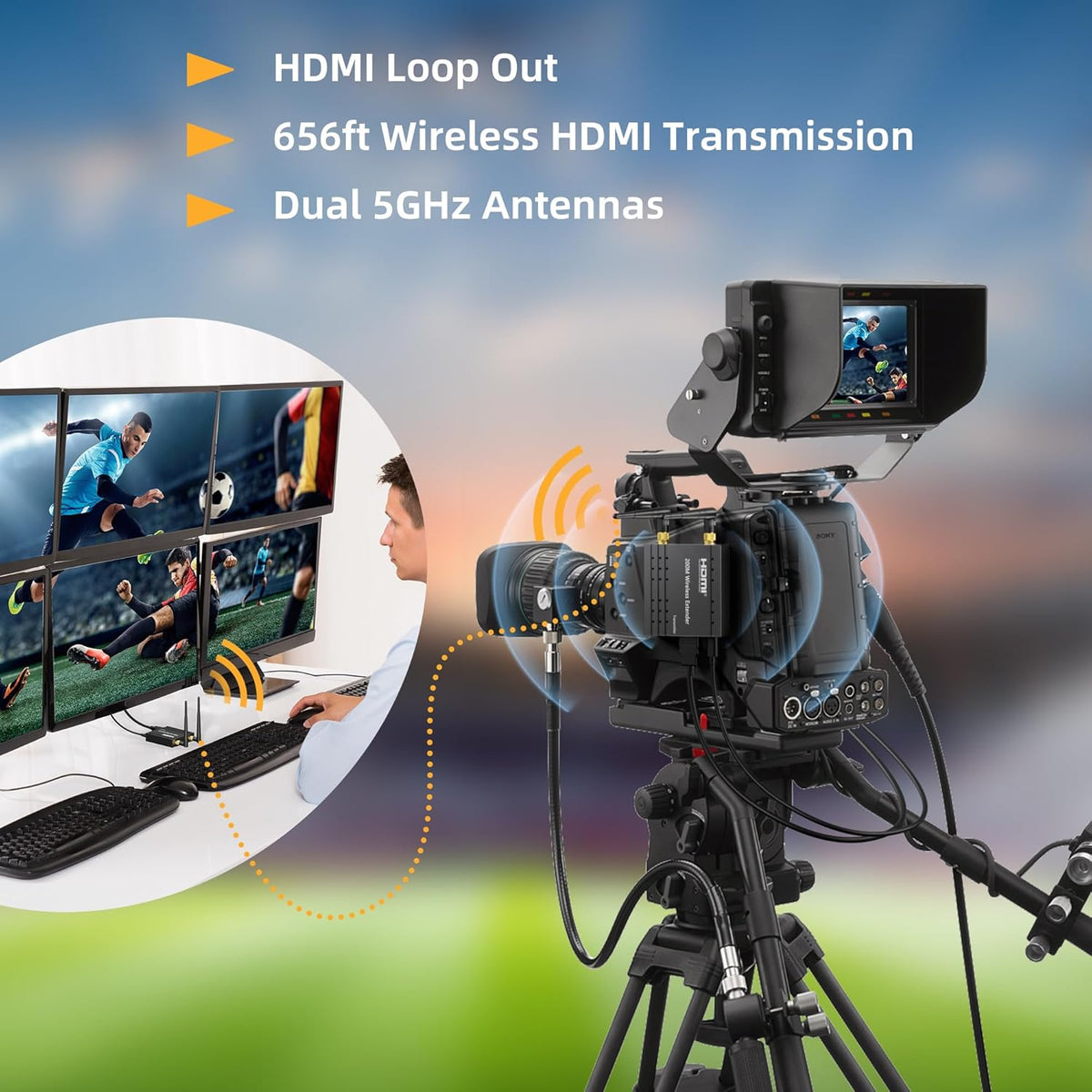 656FT Hdmi draadloze zender en ontvanger, 200 m draadloze HDMI-verlenger, lange afstand met uitloop, ondersteuning 2,4/5 GHz voor het streamen van video/audio van laptop, pc, tv-box naar HDTV