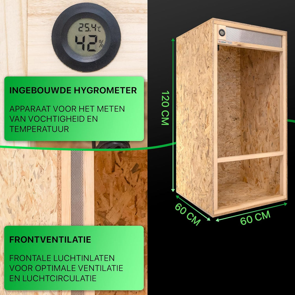 ITA Hoog Terrarium 60x120x60 cm met Frontventilatie & Ingebouwde Hygrometer - Houten terrarium van OSB-3 platen - Voor reptielen, slangen, amfibieën - EU Product, FSC gecertificeerd