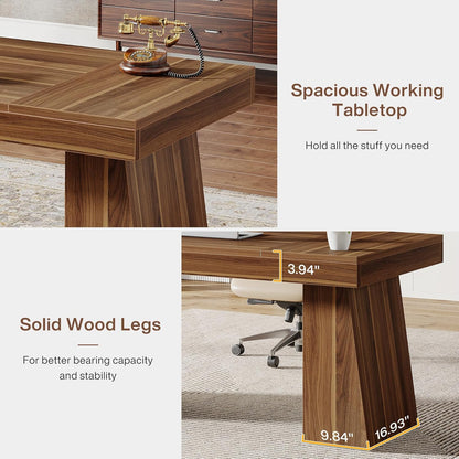 Tribesigns 55 inch Executive Desk, Mid-Century Modern Home Office Desk with Double Trapezoid Base, Wooden Computer Desk Business Workstation Desk Small Conference Table, Brown