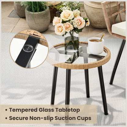 Pamapic 3-delige rotan bistroset, terrasbistroset met 2 stoelen en glazen salontafel, terrasmeubelset voor achtertuin, veranda en tuin