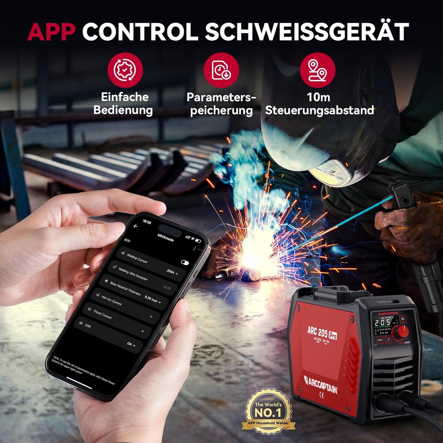 ARCCAPTAIN IControl ARC205 Pro Elektrodenlasapparaat, app-bediening, 205 ampère ARC/Lift TIG lasapparaat, led-display, IGBT inverter 230 V MMA lasapparaat met warmstart, boogkracht en anti-stick