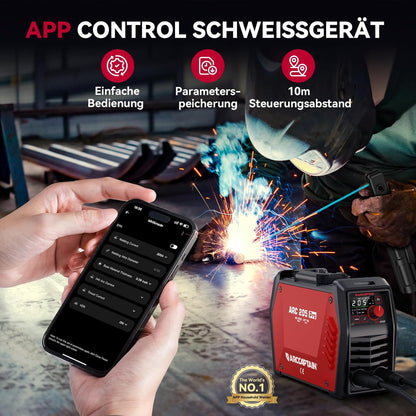 ARCCAPTAIN IControl ARC205 Pro Elektrodenlasapparaat, app-bediening, 205 ampère ARC/Lift TIG lasapparaat, led-display, IGBT inverter 230 V MMA lasapparaat met warmstart, boogkracht en anti-stick