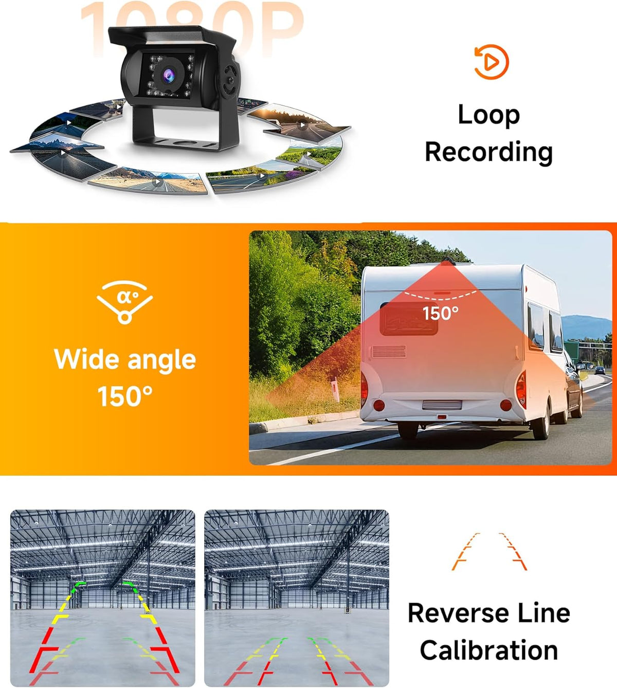 4 x achteruitrijcamera-kabel met 9 inch IPS-monitor, parkeerhulp, 18 led-achteruitrijcamera, auto, nachtzicht/IP68 waterdicht, voor SUV, vrachtwagen, camper, DC 12-24 V, loop-opname