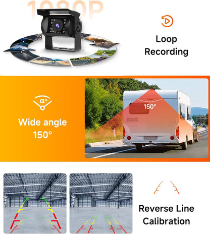 4 x achteruitrijcamera-kabel met 9 inch IPS-monitor, parkeerhulp, 18 led-achteruitrijcamera, auto, nachtzicht/IP68 waterdicht, voor SUV, vrachtwagen, camper, DC 12-24 V, loop-opname