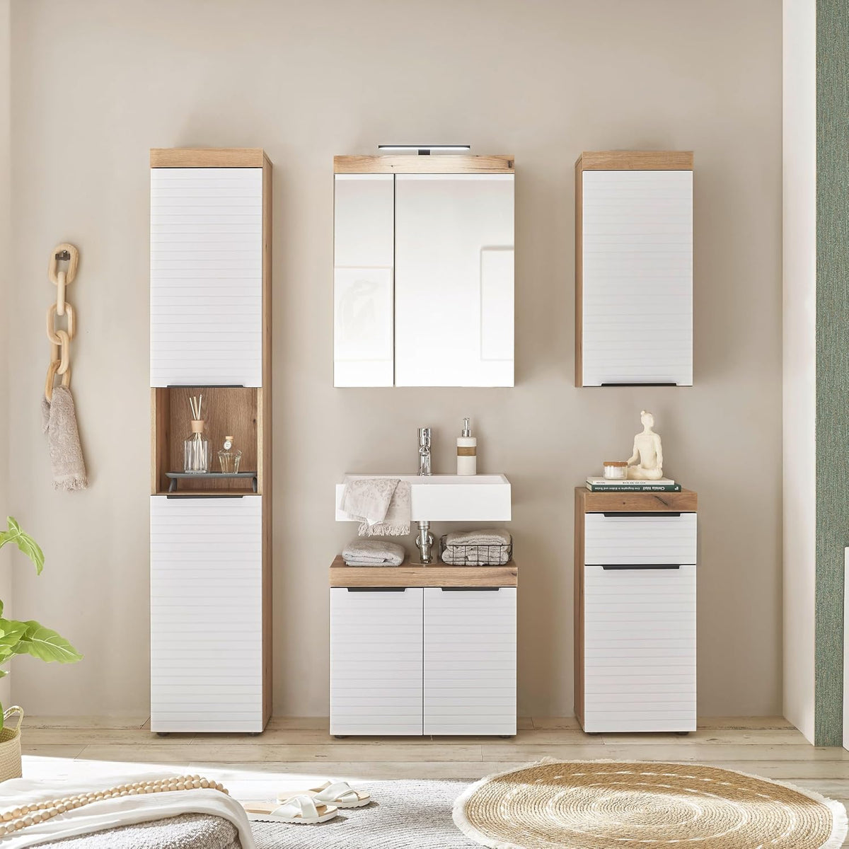 Tarawa Badkamerkast, wit, Evoke eikenlook, FSC-gecertificeerd, badkamerkast met veel opbergruimte, 36 x 79 x 31 cm (b x h x d)