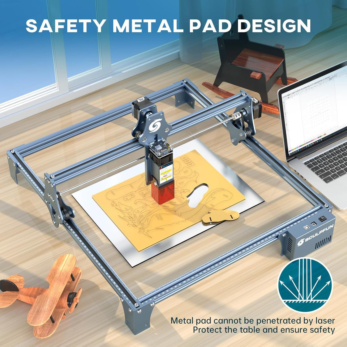 SCULPFUN S9 PRO 10W DIY lasergraveur laserstraal modelleringstechniek Ultra-dunne laserfocusgrens 0,06 mm industriële kwaliteit lineaire schuifrail hoge precisie X-as