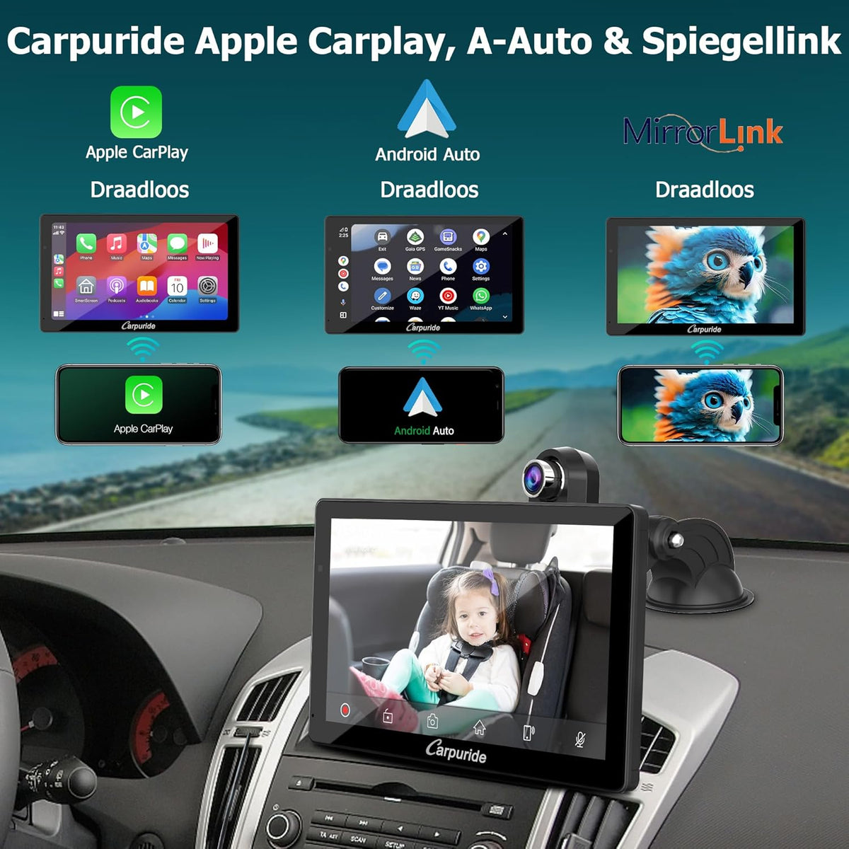Carpuride W703 Portable Wireless Carplay & Android Auto with Dash Cam-7" HD IPS Screen, 4K Front & Backup Camera, Loop Recording,Bluetooth,Mirror Link,GPS,Siri,Dashboard Mounted (Carpuride w703)