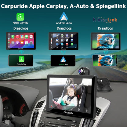 Carpuride W703 Portable Wireless Carplay & Android Auto with Dash Cam-7" HD IPS Screen, 4K Front & Backup Camera, Loop Recording,Bluetooth,Mirror Link,GPS,Siri,Dashboard Mounted (Carpuride w703)