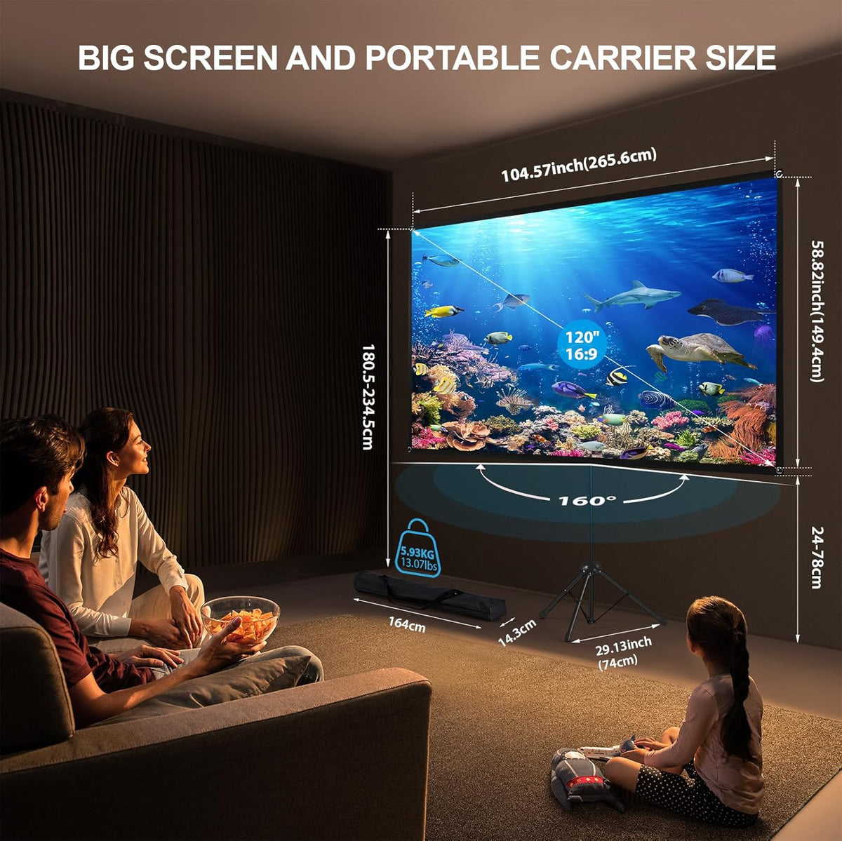 Beamerscherm met statief, draagbaar projectorscherm 120 inch, 16:9, 4K HD-projectiescherm, licht en compact, ideaal voor thuisbioscoop, voor films binnen en buiten.