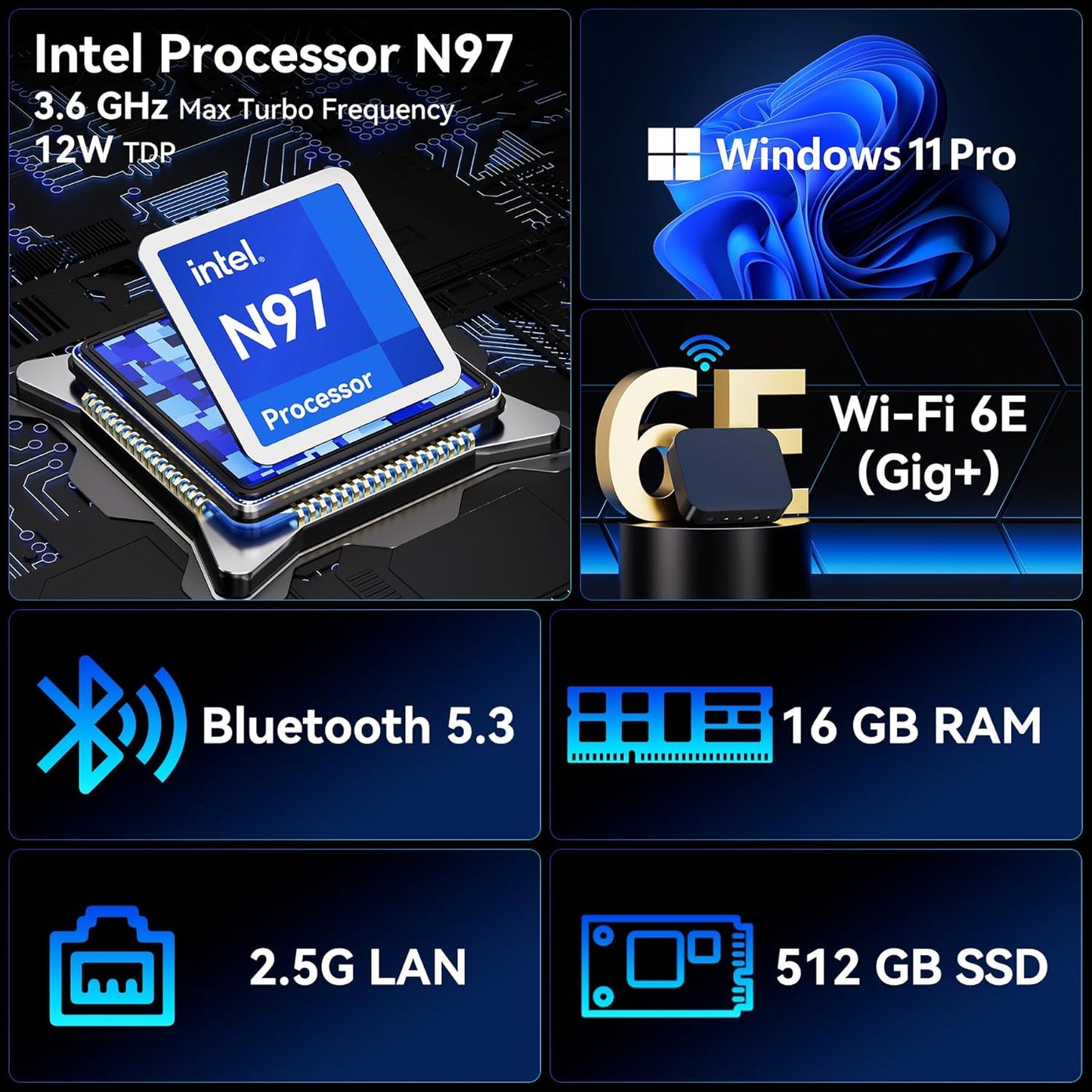 Intel NUC 14, voor ASUS NUC 14 NUC14MNK Essential Mini PC, CPU N97, 16 GB RAM, 512 GB SSD, Win 11 Pro, Wi-FI 6E, BT 5.3, professionele desktop voor onderwijs, TPE/KMO & Edge Computing