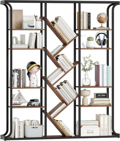 Hzuaneri BC53201B Bookcase, 3 Columns, 6 Animals, Tree-Shaped Bookcase, 17 Compartments, Open Independent Shelves, for Home Office, Bedroom, Living Room, 24 x 156 x 180 cm, Vintage Brown-Black