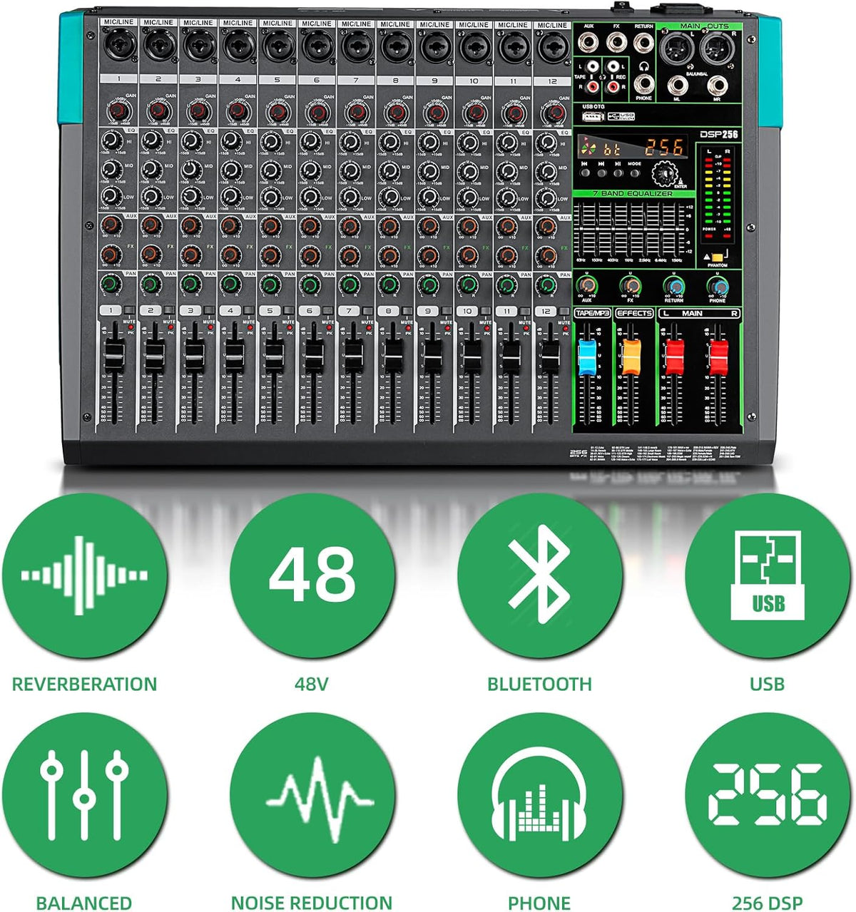 12-Kanaals Audiomixer – Mixer – Mengpaneel – Mengtafel – DJ-Mixer – Bluetooth & USB-Speler – 99 DSP-Reverbeffecten