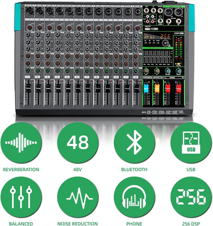 12-Kanaals Audio Mengpaneel – Mixer, Soundboard, Console, Audiomixer – Bluetooth, USB & 99 Reverb Effecten – 48V Fantoomvoeding
