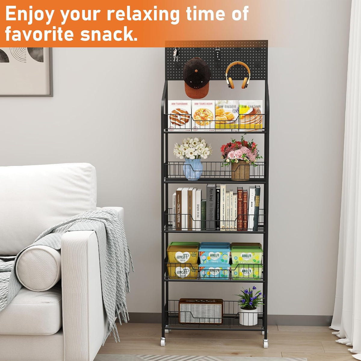 5-Laags Displayrek Op Wielen – Opbergrek – Winkelrek – Presentatierek – Snackrek – 60 X 27 X 170 Cm – Metalen Frame Met 10 Afneembare Haken