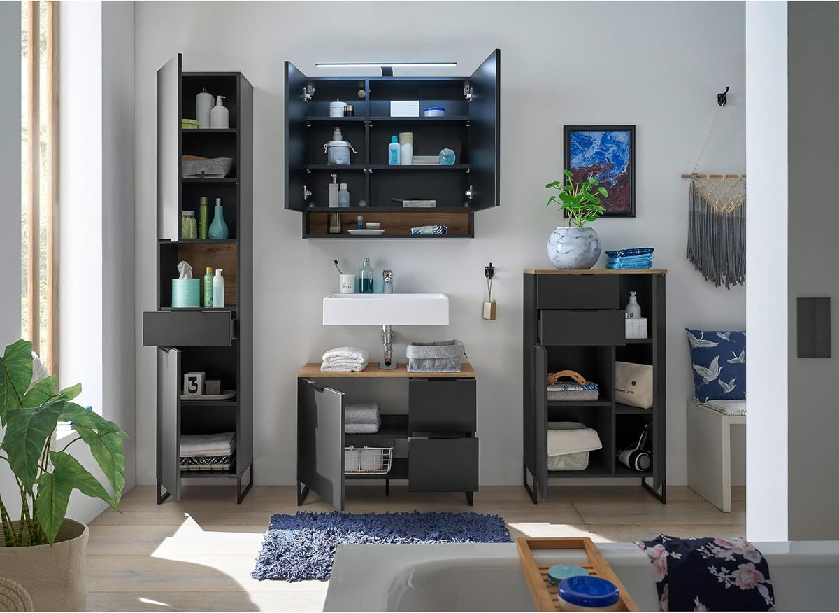 Stella Trading Denver Badkamercommode in zwart/Evoke eikenlook, FSC-gecertificeerd, badkamerkast met veel opbergruimte, 60 x 106 x 32 cm (b x h x d)