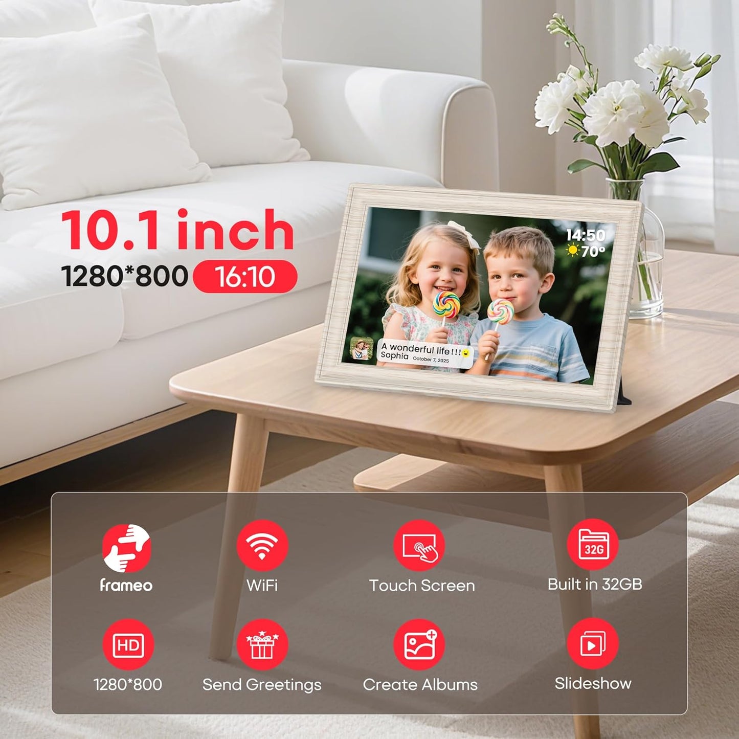 Digitale fotolijst – Digitale lijst – Fotodisplay – Wifi-fotolijst – Berkenhouten fotolijst – 10,1 Inch – 32 GB Opslag