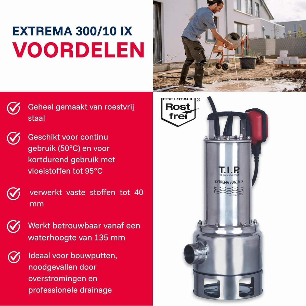 Vuilwaterpomp – Dompelpomp – Bouwpomp – Afwateringspomp – Pomp – 19.500 l/u Debiet – Roestvrijstalen Loopwiel