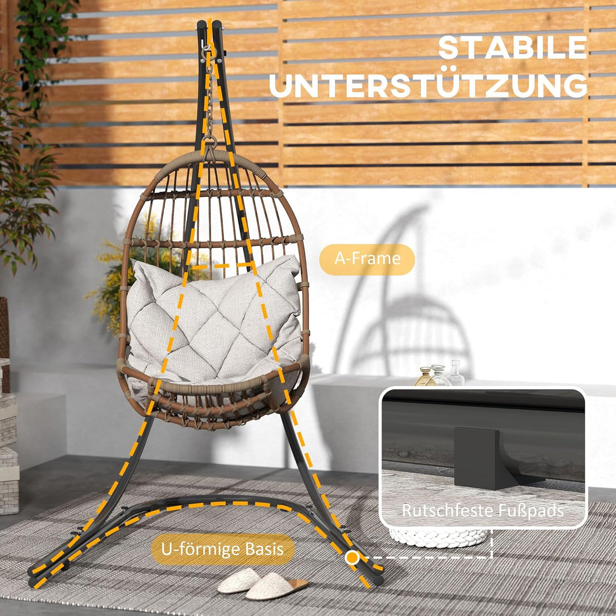 Outsunny Gestell für Hängesessel in C-Form Metall Ständer mit Sockel für Hängesitz Hängestuhl, Hängeschaukel Hängemattengestell bis 150 kg, Hängestuhlgestell für Indoor Outdoor Balcony, Terrasse - QUORE