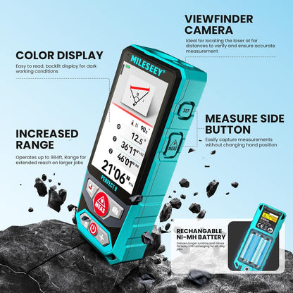 MILESEEY Outdoor lasermeter, 300 m professionele laserafstandsmeter voor de bouw, 4x HD-zoom en 3-inch display met achtergrondverlichting, point-to-point-technologie voor grote buitenprojecten