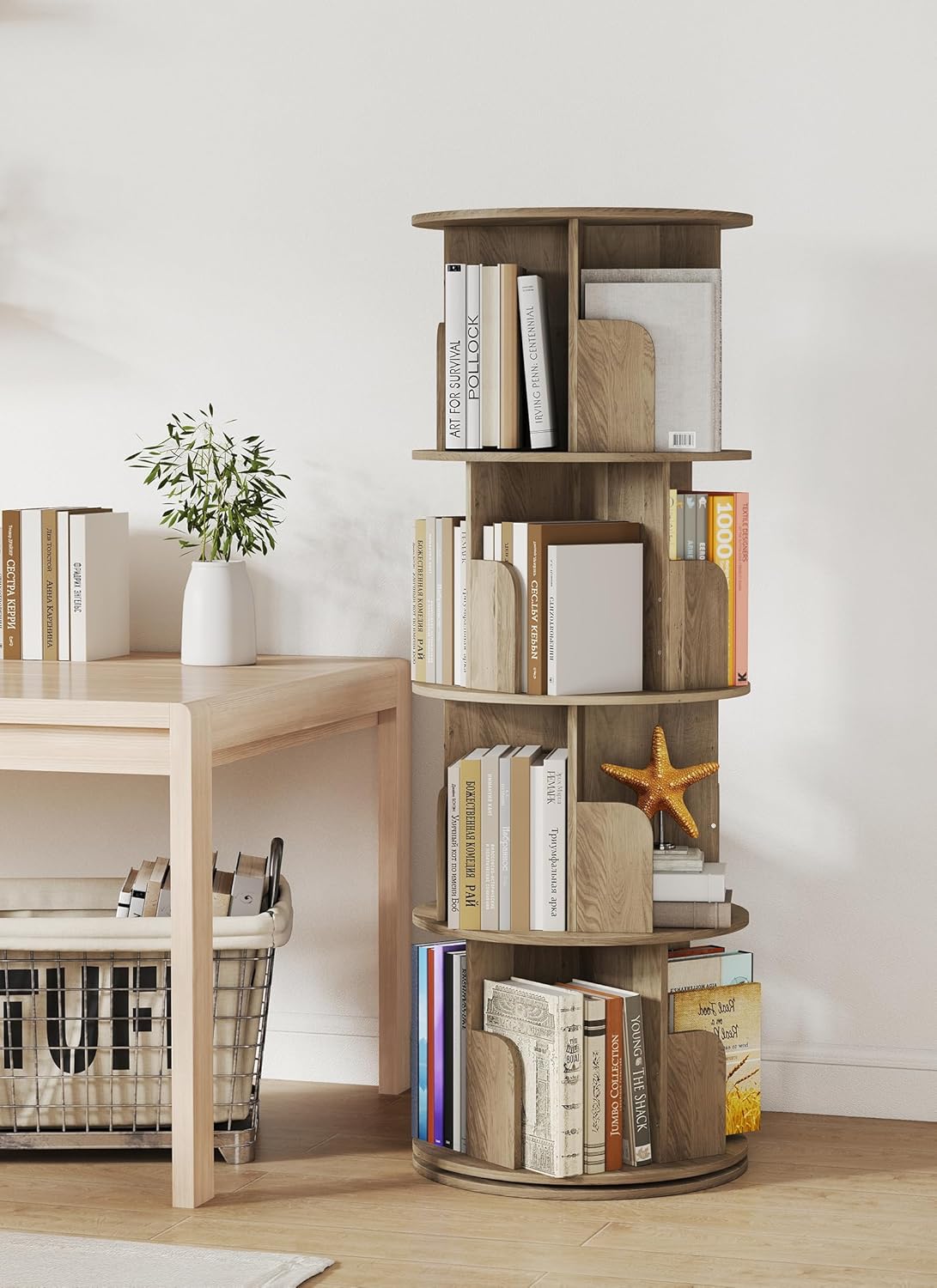 Rotating Bookshelf 360° Rotatable Bookcase for Kids Room Freestanding Rotating Bookcase Multifunctional Display Organizer for Home Study Bedroom (4 Tier | Oak | - QUORE