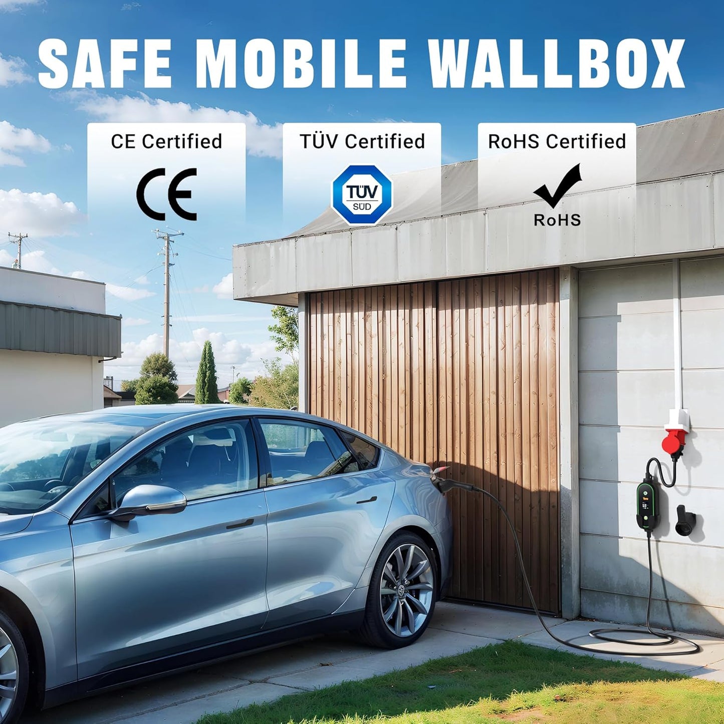 Tera Mobiele wandbox type 2 draagbaar: 11 kW 3 fasen 6-16 A 7,5 m CEE 5-pins EV-kabel oplader met vertraagd opladen en verstelbaar vermogen - autohouder