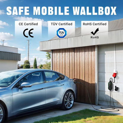 Tera Mobiele wandbox type 2 draagbaar: 11 kW 3 fasen 6-16 A 7,5 m CEE 5-pins EV-kabel oplader met vertraagd opladen en verstelbaar vermogen - autohouder