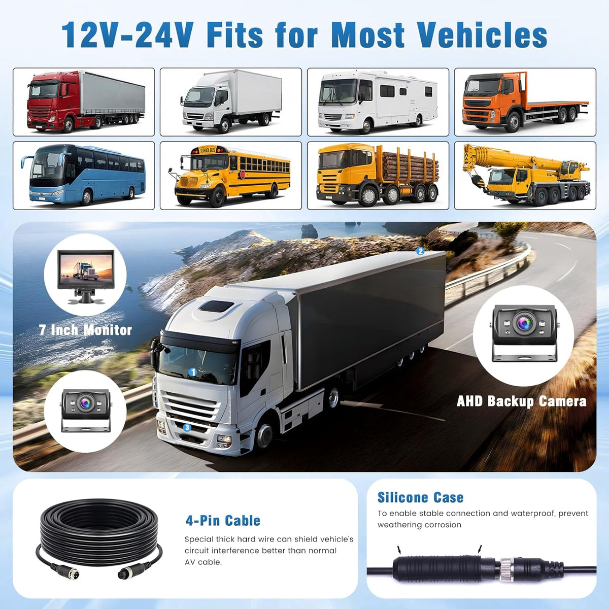 1080P HD 2 x achteruitrijcamera met 7 inch IPS-monitor, 2 delen beeldscherm/parkeerhulp, IP69 AHD achteruitrijcamera, auto, nachtzicht voor vrachtwagen, SUV, camper, met zonneklep, 2 x 15 m