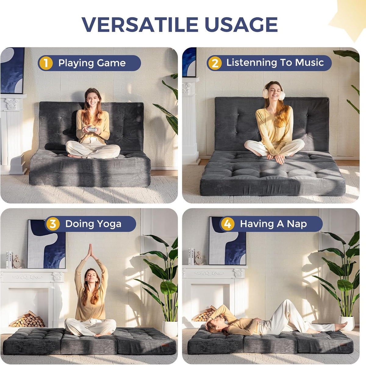 MAXYOYO Opvouwbaar matras, eenpersoons, comfortabel opvouwbaar corduroy matras met 15 cm dik schuim, drievoudig opvouwbare futon slaapbank voor gasten, 90x190cm