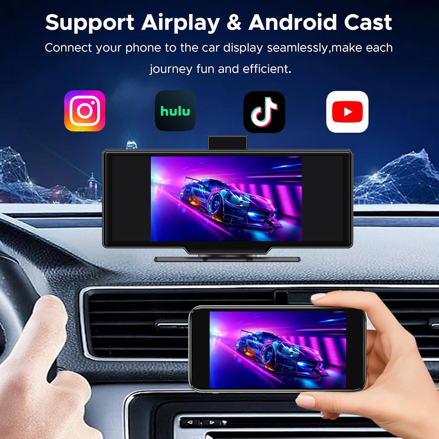SCUMAXCON Carplay IPS-touchscreen, 10,26 inch, draadloos, Android Auto Airplay 4K, achteruitrijcamera, 1080p, GPS, navigatie, bluetooth, FM middenconsole, mediaspeler, geïntegreerde luidspreker