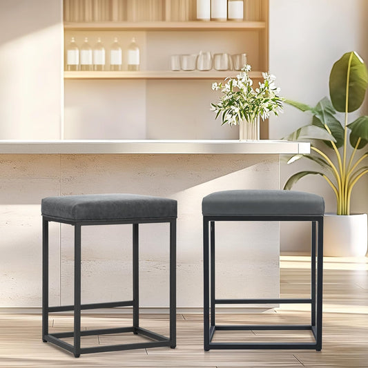 ALPHA HOME 2 Bar Stools with Footrest Kitchen Chairs PU Leather Backless Stool Bar Stool Bistro Stool for Indoor Outdoor Dining Home Bar Coffee Chairs (Grey)