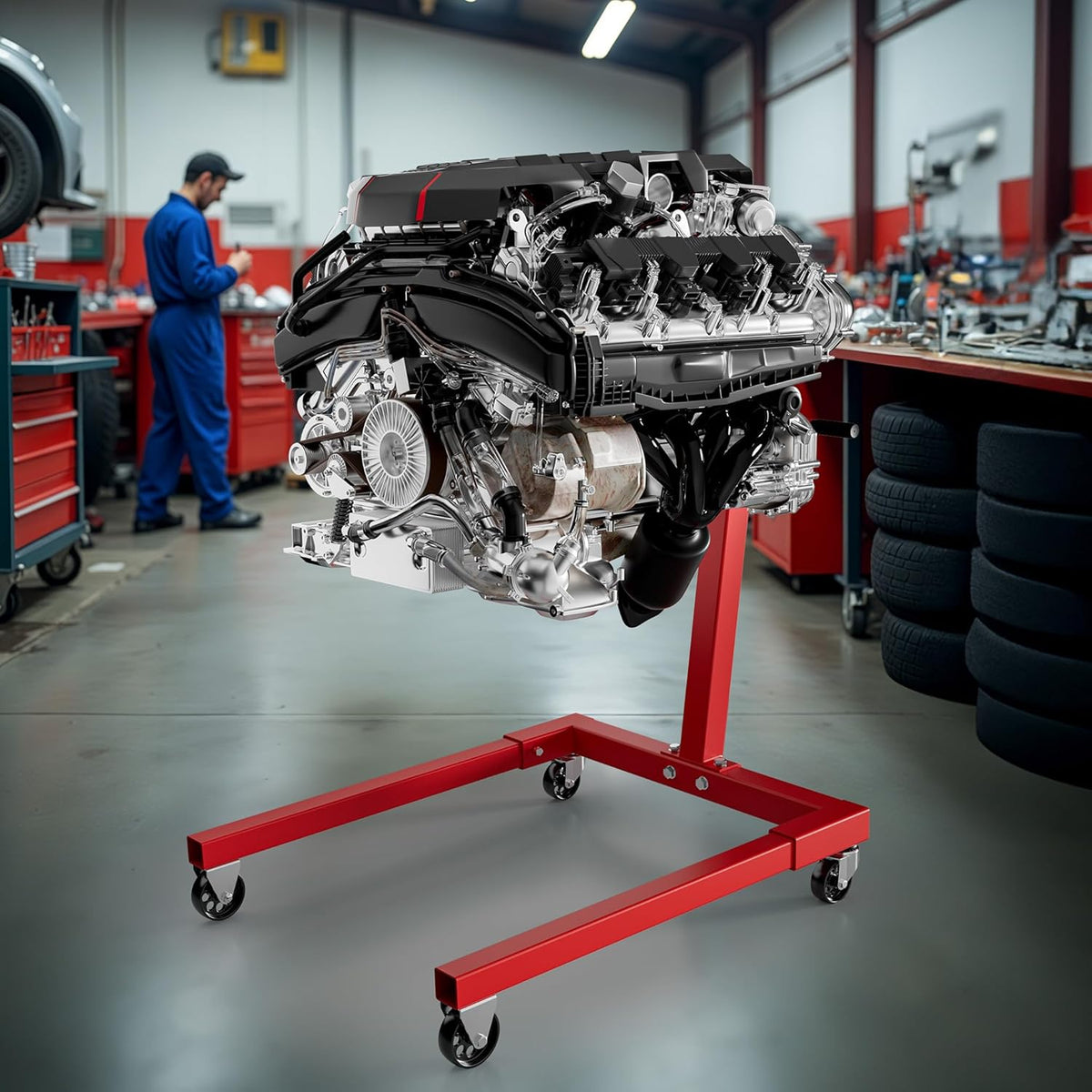 Wiltec motorbloksteun tot 570 kg, stalen motorstandaard voor het tillen van automotoren, motorsteun met wielen voor reparaties en onderhoud