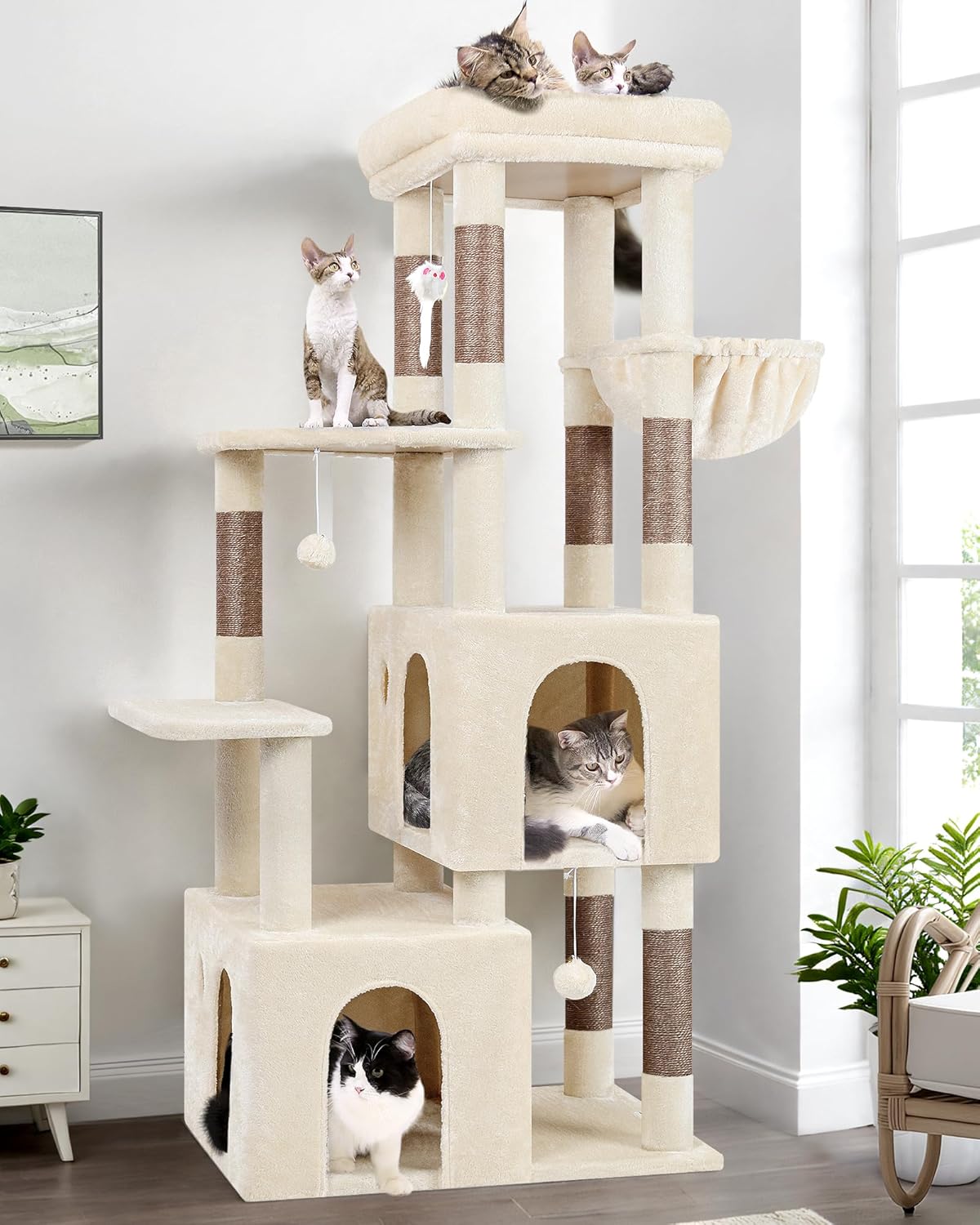 Krabpaal – Kattenboom – Kattenhuis – Krabmeubel – Klimpaal – Grote Basis 72x45 cm – 2 Luxe Kattenhuisjes – Hoogte 156 cm – Stabiel – Sisal Krabpalen – Anti-Omval
