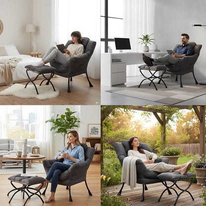 Comfortabele fauteuil met voetenbank, luie stoel met ottoman vrijetijdsaccentstoel, relaxfauteuil met armleuningen en zijvak voor woonkamer, slaapkamer en kleine ruimtes, fauteuil