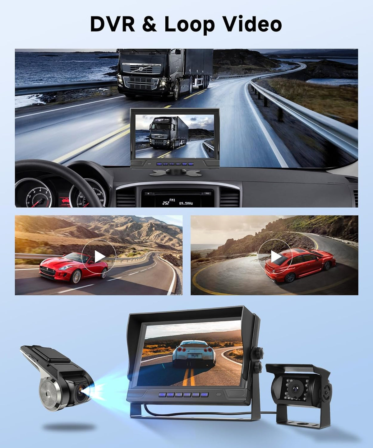 Rear View Camera 4 Cameras Set, 9 Inch Monitor 4 Split Screen, Rear View Camera IP68 Waterproof, Night Vision, DVR, Loop Video, Inversion Aid, for Truck/Bus/Motorhome/Trailer with 35 Meters - QUORE