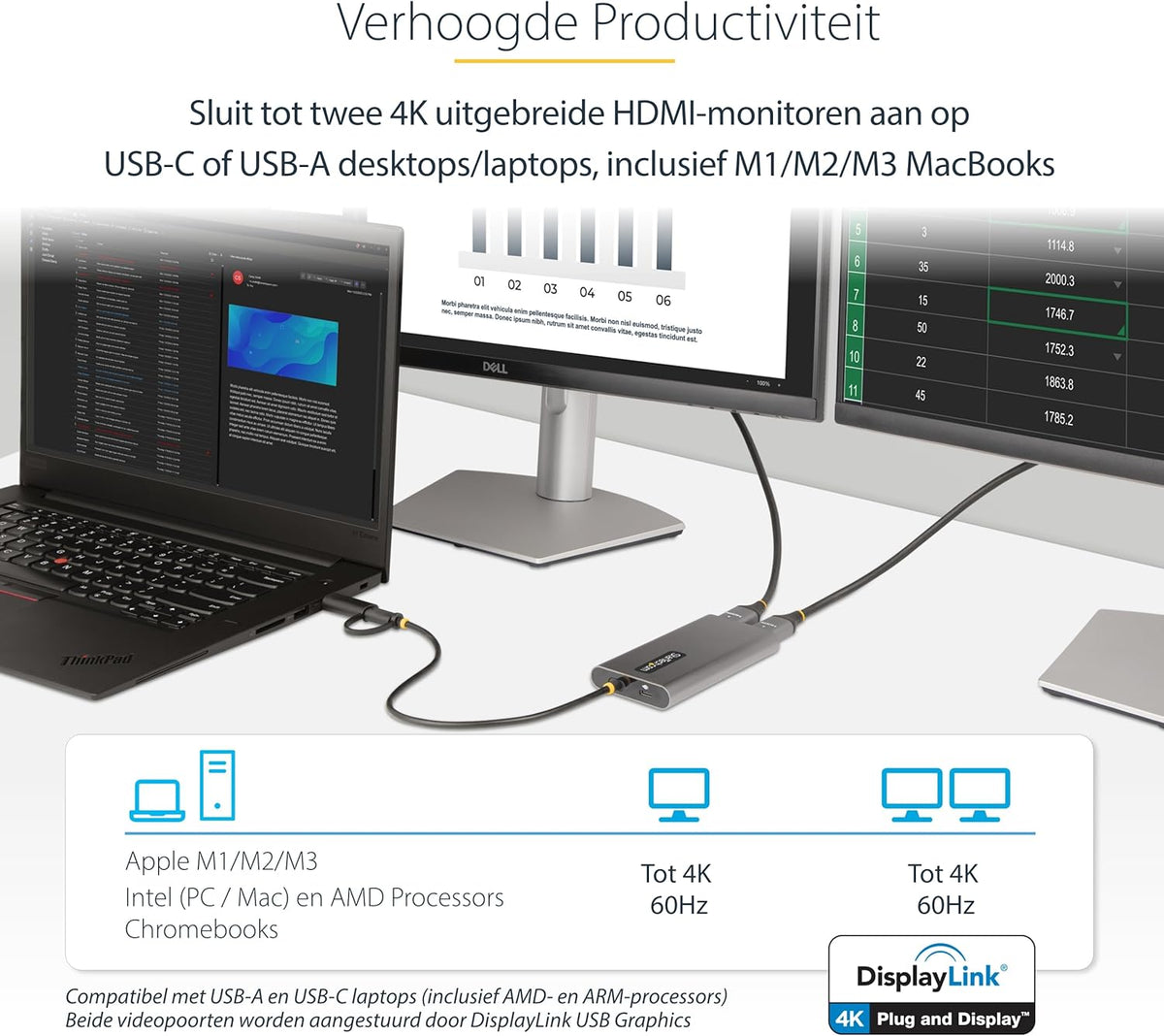 StarTech.com USB-C naar Dual-HDMI Adapter, USB-C of A naar 2x HDMI, 4K 60Hz, 100W Power Delivery Pass-Through, 30cm Ingebouwde Kabel, Multi-Monitor Converter voor Laptop (109B-USBC-HDMI)