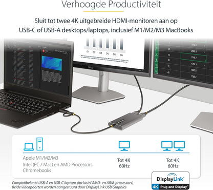 StarTech.com USB-C naar Dual-HDMI Adapter, USB-C of A naar 2x HDMI, 4K 60Hz, 100W Power Delivery Pass-Through, 30cm Ingebouwde Kabel, Multi-Monitor Converter voor Laptop (109B-USBC-HDMI)