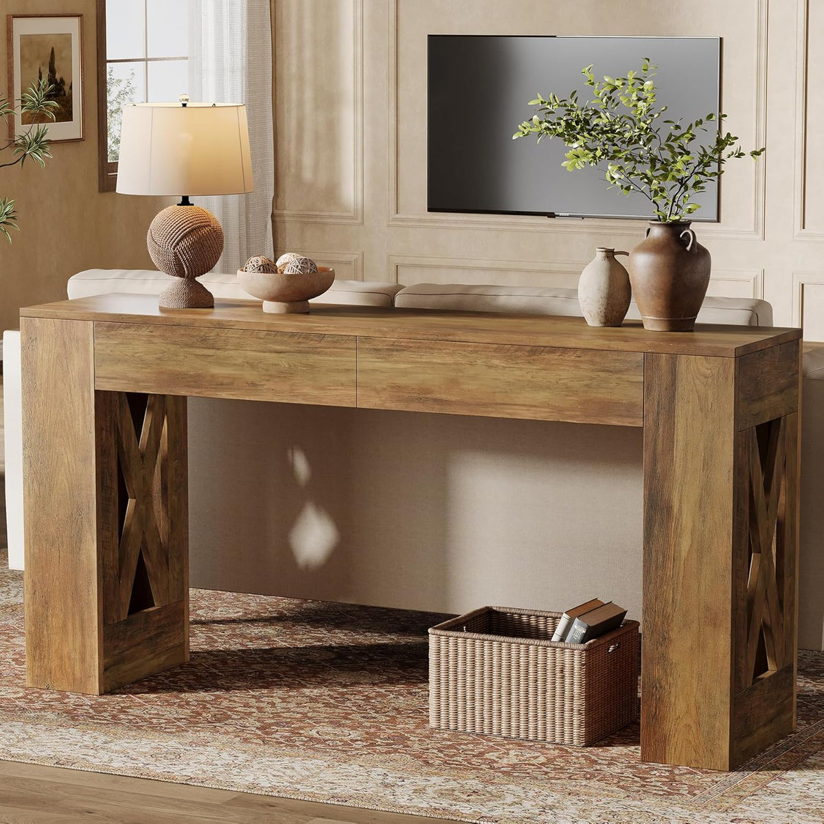 Tribesigns Console Table with Drawers, 160 cm, Extra Long Entrance Table, Wooden Hall Table Behind the Sofa, Narrow Side Table, Slim Coffee Table for Entrance, Hallway, Living Room, Dark Brown