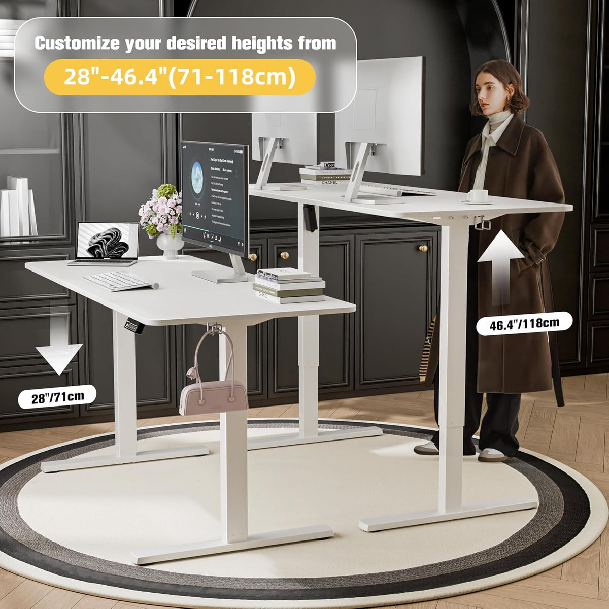 ERGOMAKER Staand Bureau 140x60cm, Elektrisch in Hoogte Verstelbaar Bureau, Computerbureau met Geheugenfunctie & Haken, voor kantoor, thuiskantoor (Wit Frame + Wit Tafelblad)