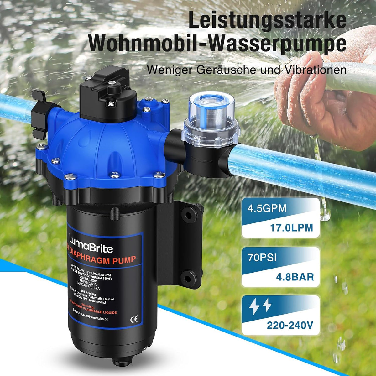 AC 220 V zelfaanzuigende drukwaterpomp, 4,5 GPM 70 PSI waterpomp, membraanpomp met drukschakelaar, caravan, voor het watersysteem, irrigatie
