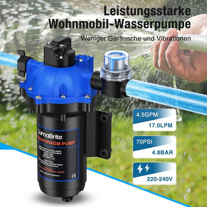 AC 220 V zelfaanzuigende drukwaterpomp, 4,5 GPM 70 PSI waterpomp, membraanpomp met drukschakelaar, caravan, voor het watersysteem, irrigatie